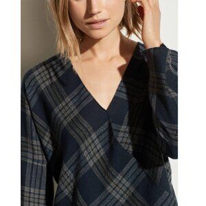 Vince Textured Navy Gray Plaid Crossover Long Sleeve Blouse, XS